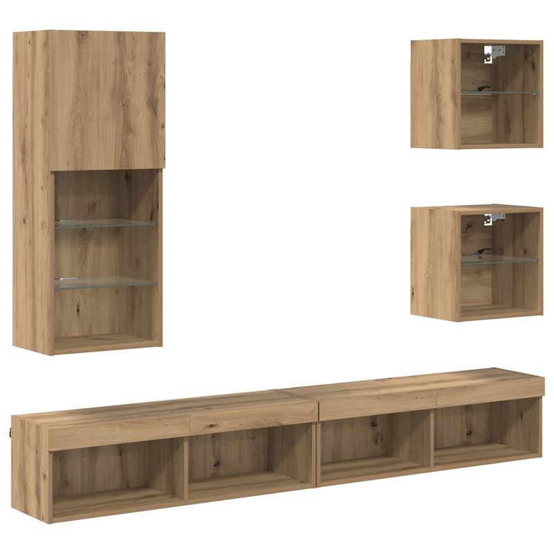 Casa si Gradina - Mobilier - Comode si corpuri - Comode - Unitati TV de perete cu LED 5 pcs Stejar Artizanal Lemn compozit - Infinity.ro