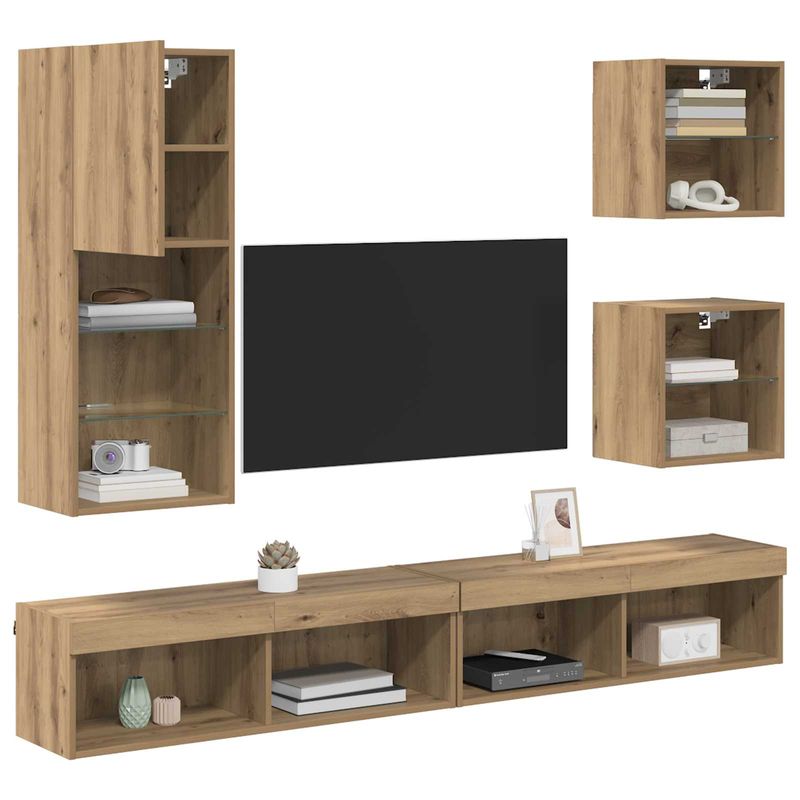 Casa si Gradina - Mobilier - Comode si corpuri - Comode - Unitati TV de perete cu LED 5 pcs Stejar Artizanal Lemn compozit - Infinity.ro