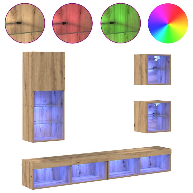 Casa si Gradina - Mobilier - Comode si corpuri - Comode - Unitati TV de perete cu LED 5 pcs Stejar Artizanal Lemn compozit - Infinity.ro