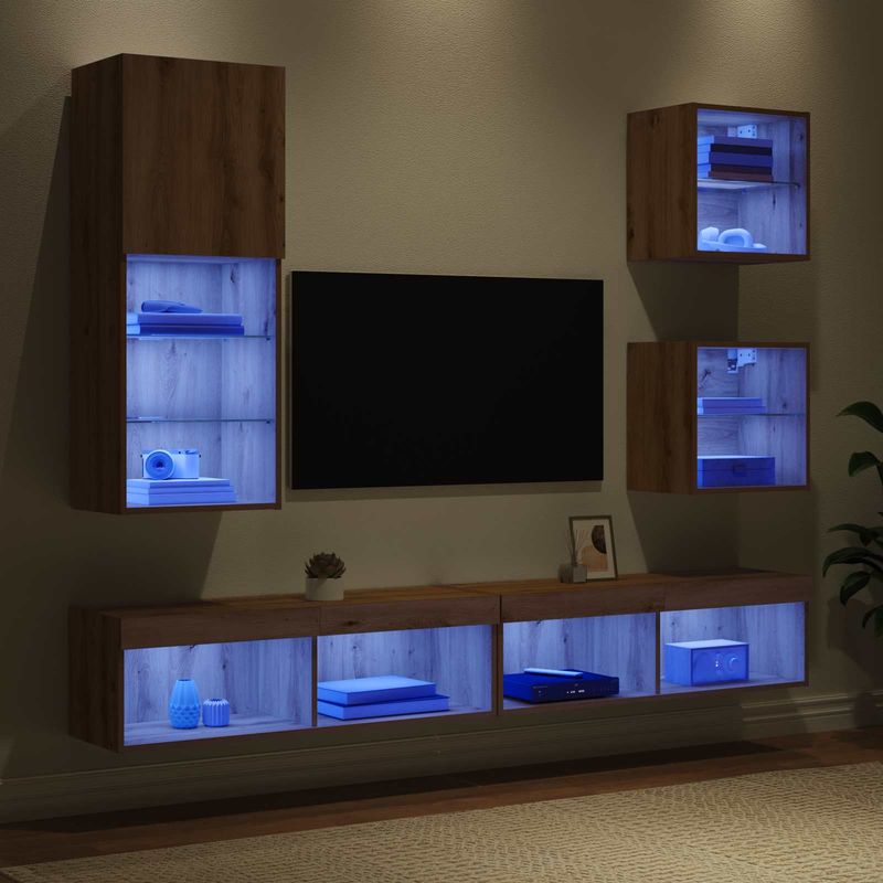 Casa si Gradina - Mobilier - Comode si corpuri - Comode - Unitati TV de perete cu LED 5 pcs Stejar Artizanal Lemn compozit - Infinity.ro