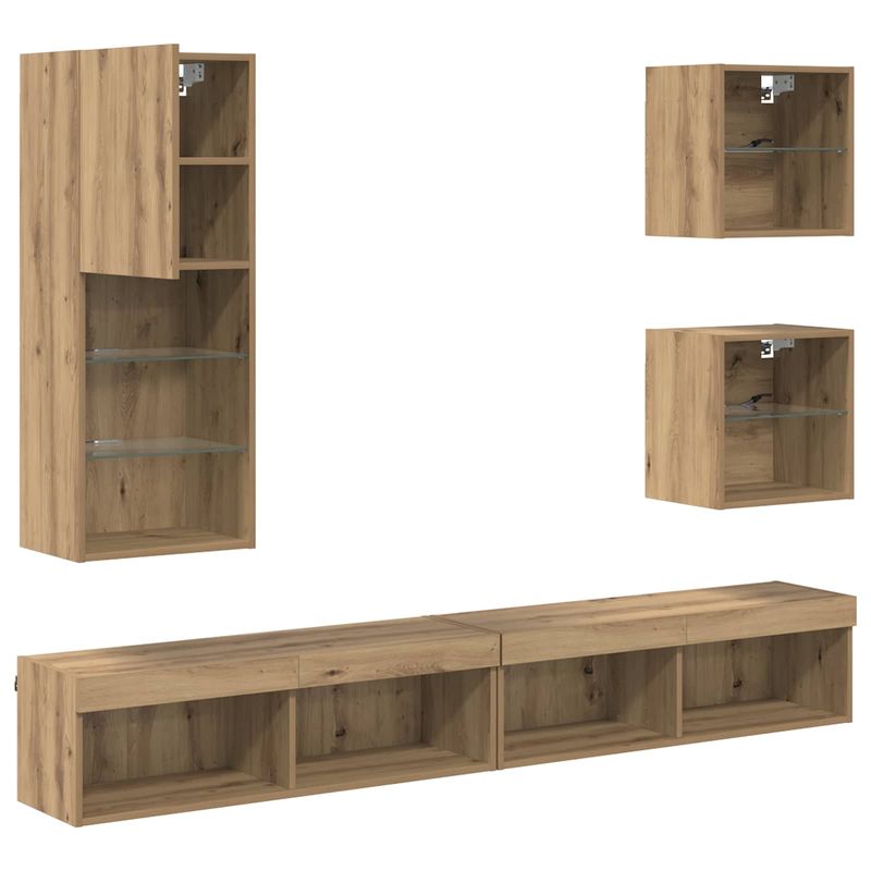 Casa si Gradina - Mobilier - Comode si corpuri - Comode - Unitati TV de perete cu LED 5 pcs Stejar Artizanal Lemn compozit - Infinity.ro