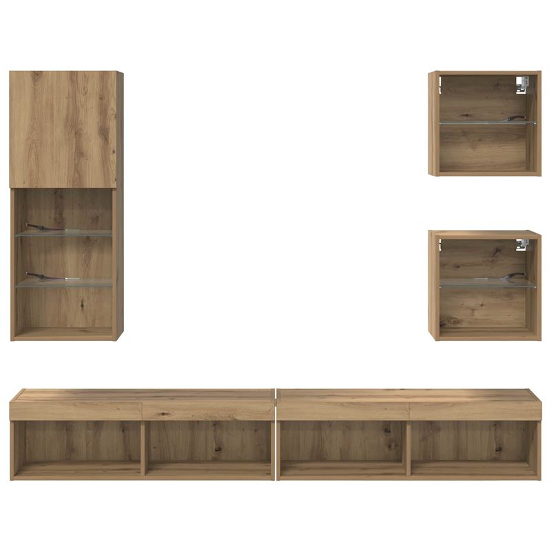 Casa si Gradina - Mobilier - Comode si corpuri - Comode - Unitati TV de perete cu LED 5 pcs Stejar Artizanal Lemn compozit - Infinity.ro