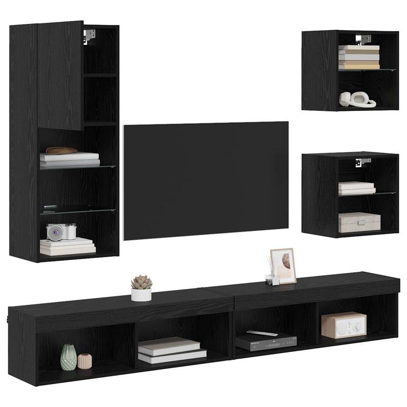 Casa si Gradina - Mobilier - Comode si corpuri - Comode - Unitati TV de perete cu LED 5 pcs Stejar Negru Lemn compozit - Infinity.ro