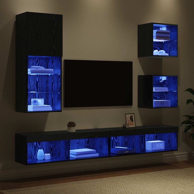 Casa si Gradina - Mobilier - Comode si corpuri - Comode - Unitati TV de perete cu LED 5 pcs Stejar Negru Lemn compozit - Infinity.ro