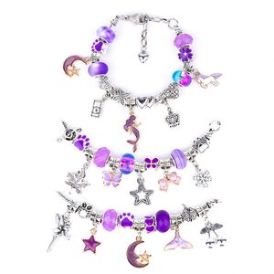 Kit Bratari Charm Tip Pandora Set DIY 60 Piese cu Talismane, Margele, Lanturi Reglabile,Accesorii Bijuterii Handmade,Mov