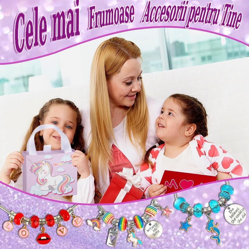 Jucarii, Copii si Bebe - Jucarii si jocuri - Jucarii de rol - Frumusete, bijuterii si accesorii fetite - Kit Bratari Charm Tip Pandora Set DIY 60 Piese cu Talismane, Margele, Lanturi Reglabile,Accesorii Bijuterii Handmade,Mov - Infinity.ro