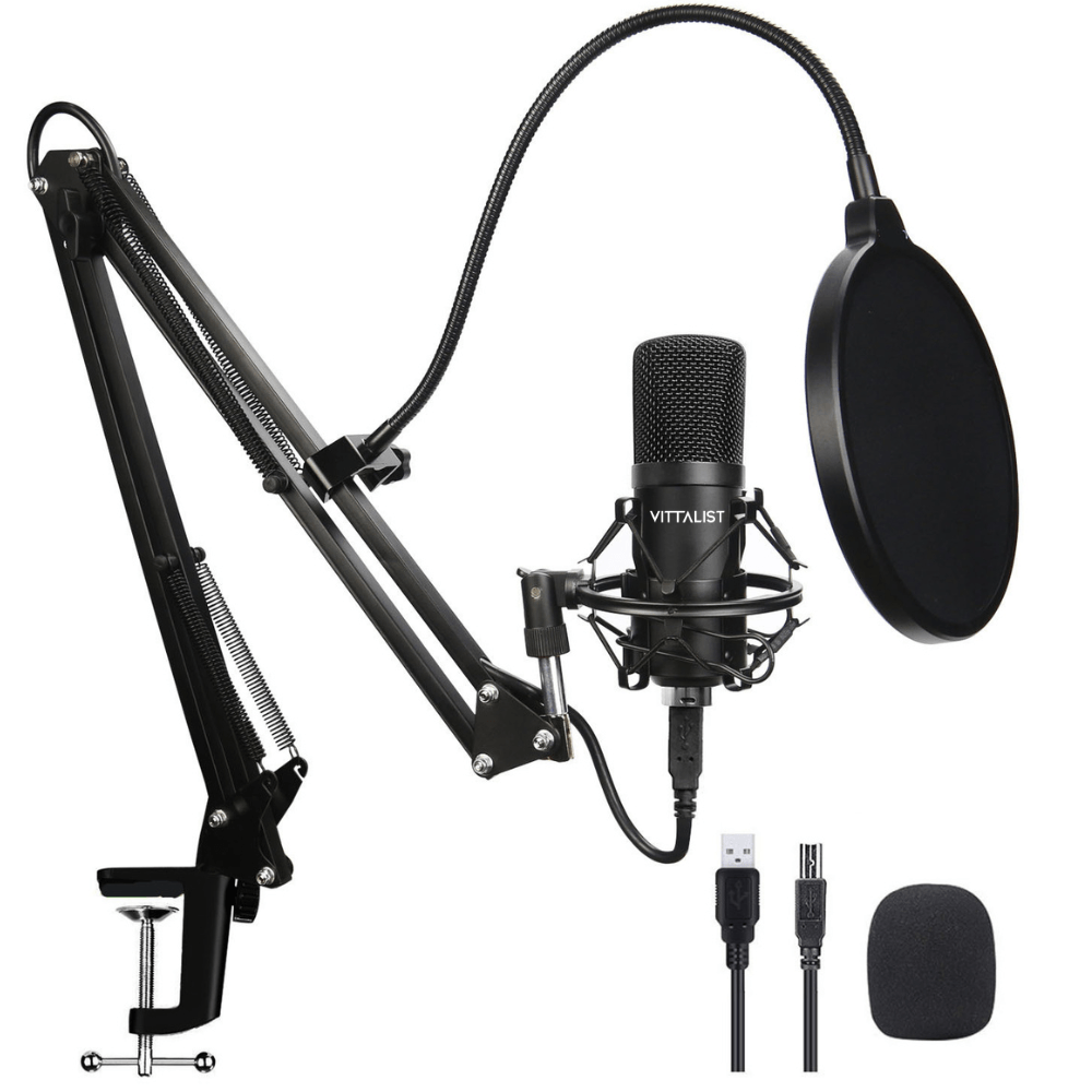 Microfon Condenser Profesional VITTALIST BM800, Cu Stand, Pentru Studio, Podcast, Gaming, Streaming, Voice-over, Negru