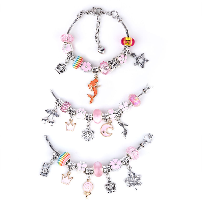Jucarii, Copii si Bebe - Jucarii si jocuri - Jucarii de rol - Frumusete, bijuterii si accesorii fetite - Kit Bratari Charm Tip Pandora Set DIY 60 Piese cu Talismane, Margele, Lanturi Reglabile,Accesorii Bijuterii Handmade,Roz - Infinity.ro