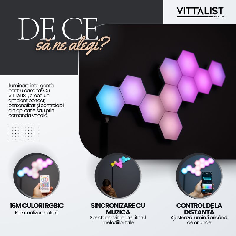 Casa si Gradina - Corpuri si surse de iluminat - Benzi LED - Kit Panouri LED RGBIC Smart, 10 Bucati, WiFi & Bluetooth, Music Sync, Compatibil Alexa, Google, Tuya, iOS, Android - Infinity.ro