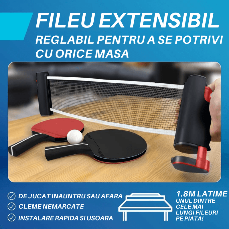Sport si Outdoor - Sporturi cu paleta - Tenis de masa - Palete si mingi tenis de masa - Set Ping Pong 4 Palete Tenis de Masa, 8 Mingi, Fileu Retractabil, Geanta Transport Inclusa, Interior sau Exterior, Rosu - Infinity.ro