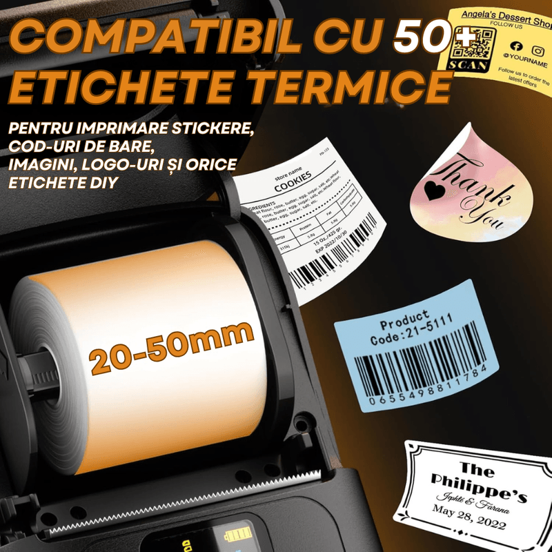 PC, gaming si accesorii - Imprimante, scanere & consumabile - Imprimante - Imprimante termice - Imprimanta Etichete Termica Portabila, Compatibila iOS/Android/Windows, Aplicatie Telefon, Rola 40x30 Inclusa, Negru - Infinity.ro