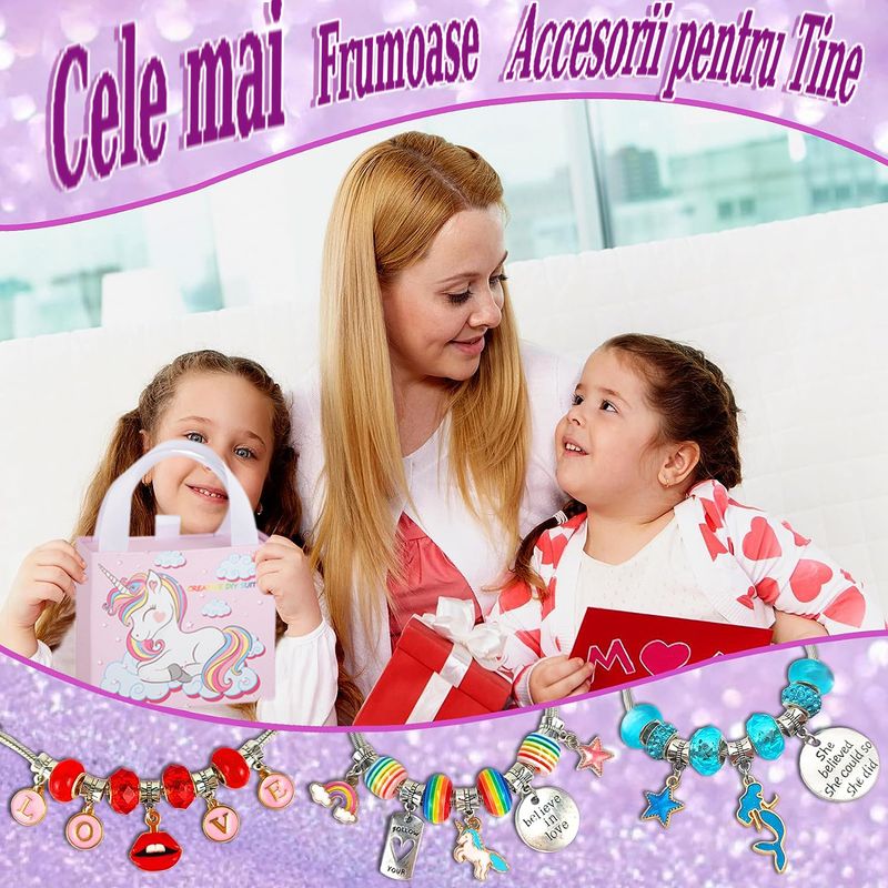 Jucarii, Copii si Bebe - Jucarii si jocuri - Jucarii de rol - Frumusete, bijuterii si accesorii fetite - Kit Bratari Charm Tip Pandora Set DIY 60 Piese cu Talismane, Margele, Lanturi Reglabile,Accesorii Bijuterii Handmade,Roz - Infinity.ro