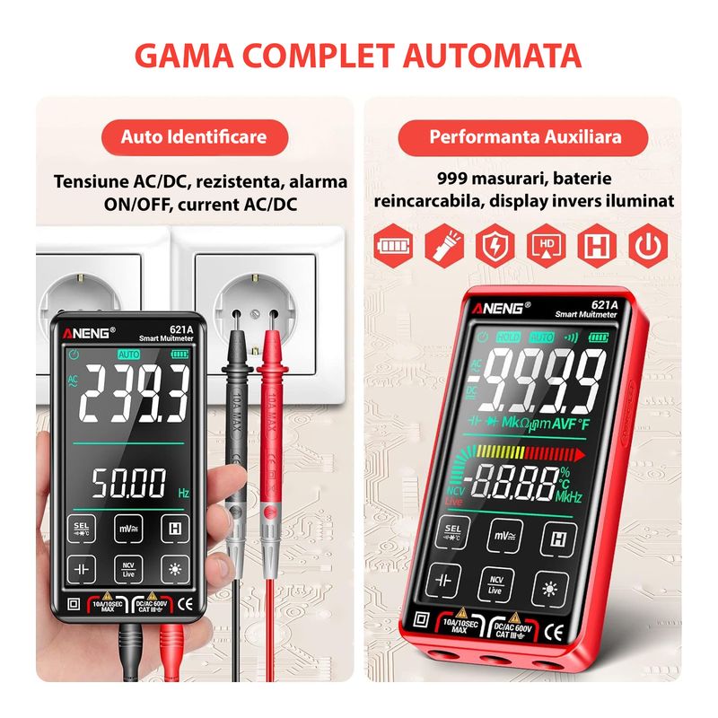 Auto si Moto - Reparatii si depanare - Scule auto - Testere si multimetre - Multimetru digital VITTALIST 621A, Ecran LCD 4.5inch, Avertizare si Detectie automata, Masoara Curent DC/AC, NCV, Rosu - Infinity.ro