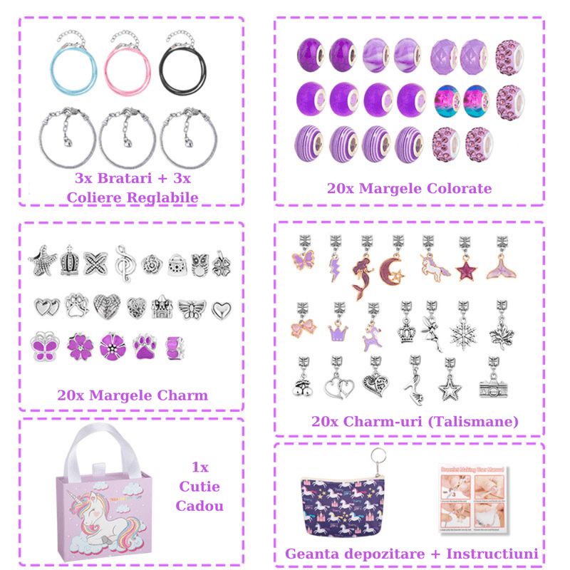 Jucarii, Copii si Bebe - Jucarii si jocuri - Jucarii de rol - Frumusete, bijuterii si accesorii fetite - Kit Bratari Charm Tip Pandora Set DIY 60 Piese cu Talismane, Margele, Lanturi Reglabile,Accesorii Bijuterii Handmade,Mov - Infinity.ro