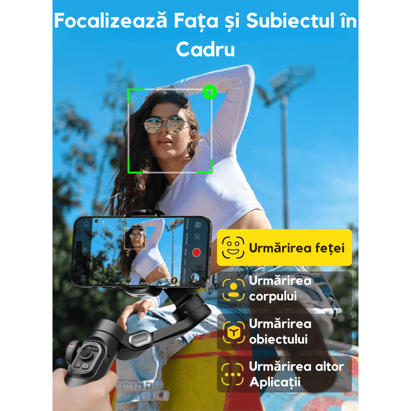 TV, Audio-Video si Foto - Aparate foto si accesorii - Accesorii foto si video - Stabilizatoare de imagine - Stabilizator Gimbal 3 Axe pentru Telefon, Bluetooth, Control Gesturi AI, Urmarire Faciala, Compatibil iOS & Android - Infinity.ro