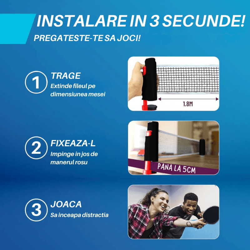 Sport si Outdoor - Sporturi cu paleta - Tenis de masa - Palete si mingi tenis de masa - Set Ping Pong 4 Palete Tenis de Masa, 8 Mingi, Fileu Retractabil, Geanta Transport Inclusa, Interior sau Exterior, Rosu - Infinity.ro