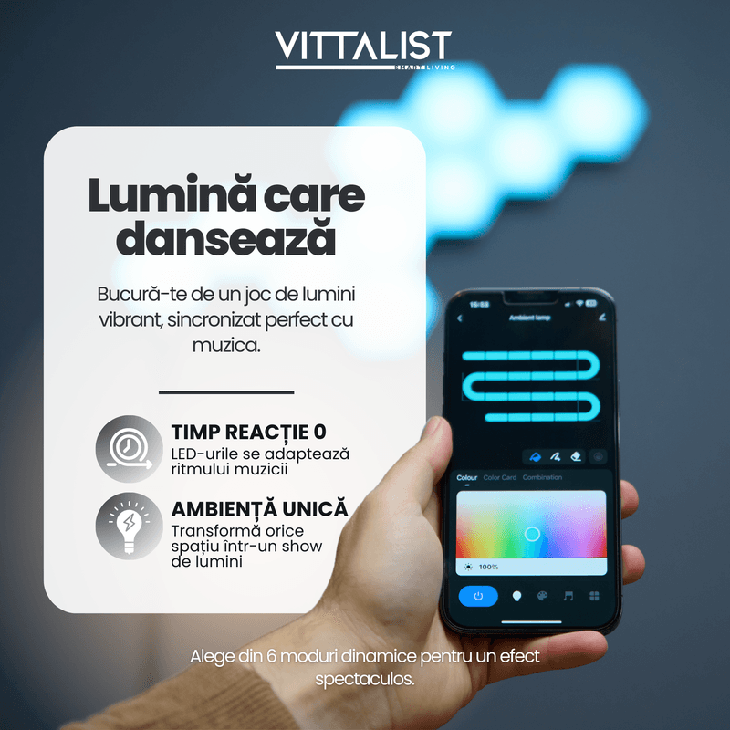 Casa si Gradina - Corpuri si surse de iluminat - Benzi LED - Kit Panouri LED RGBIC Smart, 10 Bucati, WiFi & Bluetooth, Music Sync, Compatibil Alexa, Google, Tuya, iOS, Android - Infinity.ro