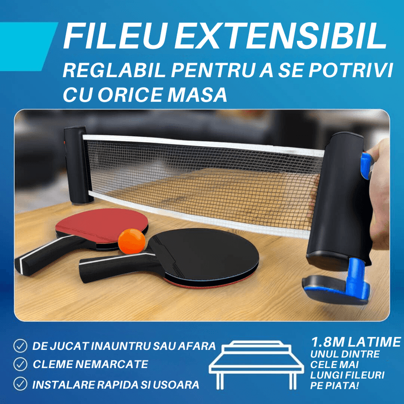 Sport si Outdoor - Sporturi cu paleta - Tenis de masa - Palete si mingi tenis de masa - Set Ping Pong 4 Palete Tenis de Masa, 8 Mingi, Fileu Retractabil, Geanta Transport Inclusa, Interior/Exterior, Albastru - Infinity.ro