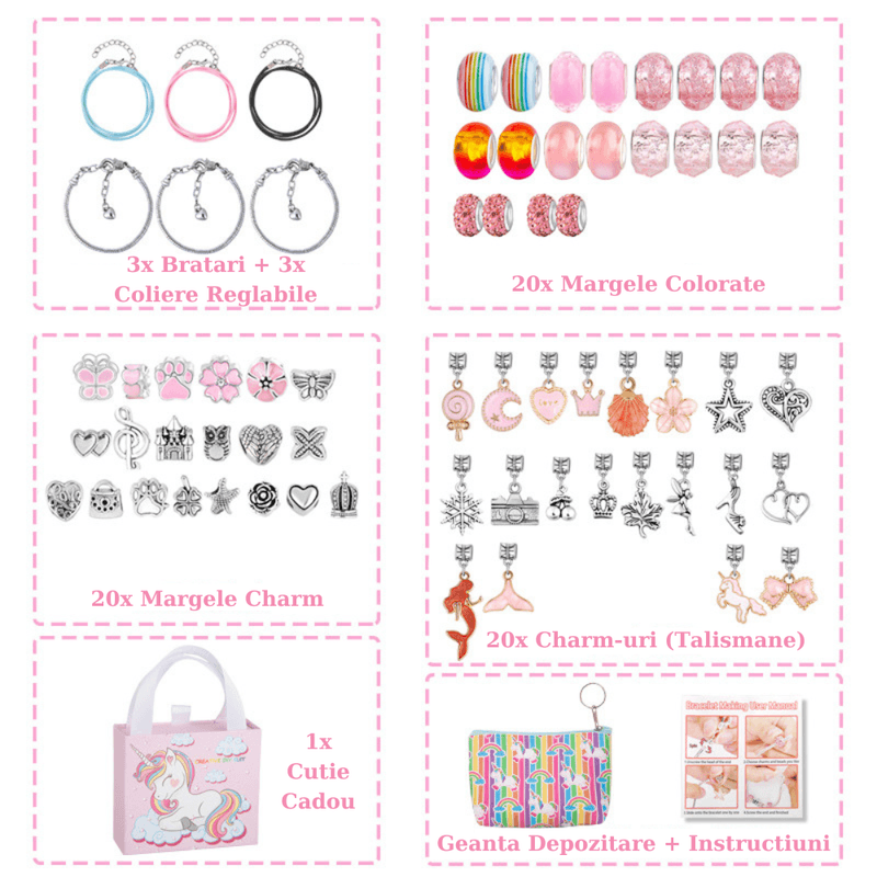 Jucarii, Copii si Bebe - Jucarii si jocuri - Jucarii de rol - Frumusete, bijuterii si accesorii fetite - Kit Bratari Charm Tip Pandora Set DIY 60 Piese cu Talismane, Margele, Lanturi Reglabile,Accesorii Bijuterii Handmade,Roz - Infinity.ro