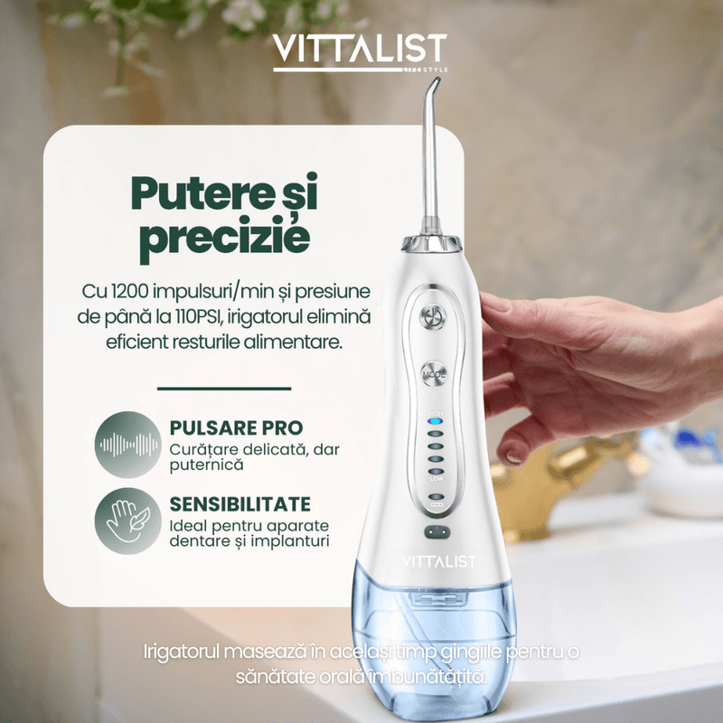 Ingrijire personala si Cosmetice - Igiena dentara - Irigatoare bucale - Irigator Oral Profesional Portabil, 5 Trepte Intensitate, 8 Duze, IPX7, Rezervor 300ml, 1200 Pulsatii/Min, Alb - Infinity.ro