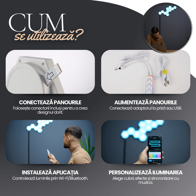 Casa si Gradina - Corpuri si surse de iluminat - Benzi LED - Kit Panouri LED RGBIC Smart, 10 Bucati, WiFi & Bluetooth, Music Sync, Compatibil Alexa, Google, Tuya, iOS, Android - Infinity.ro