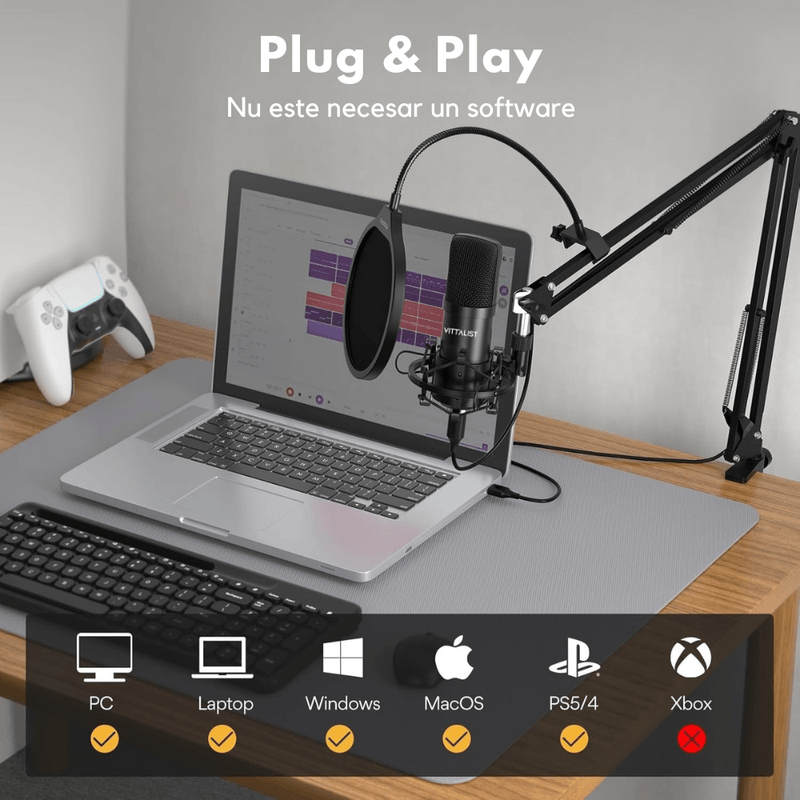 PC, gaming si accesorii - Periferice PC - Microfoane PC - Microfon Condenser Profesional VITTALIST BM800, Cu Stand, Pentru Studio, Podcast, Gaming, Streaming, Voice-over, Negru - Infinity.ro