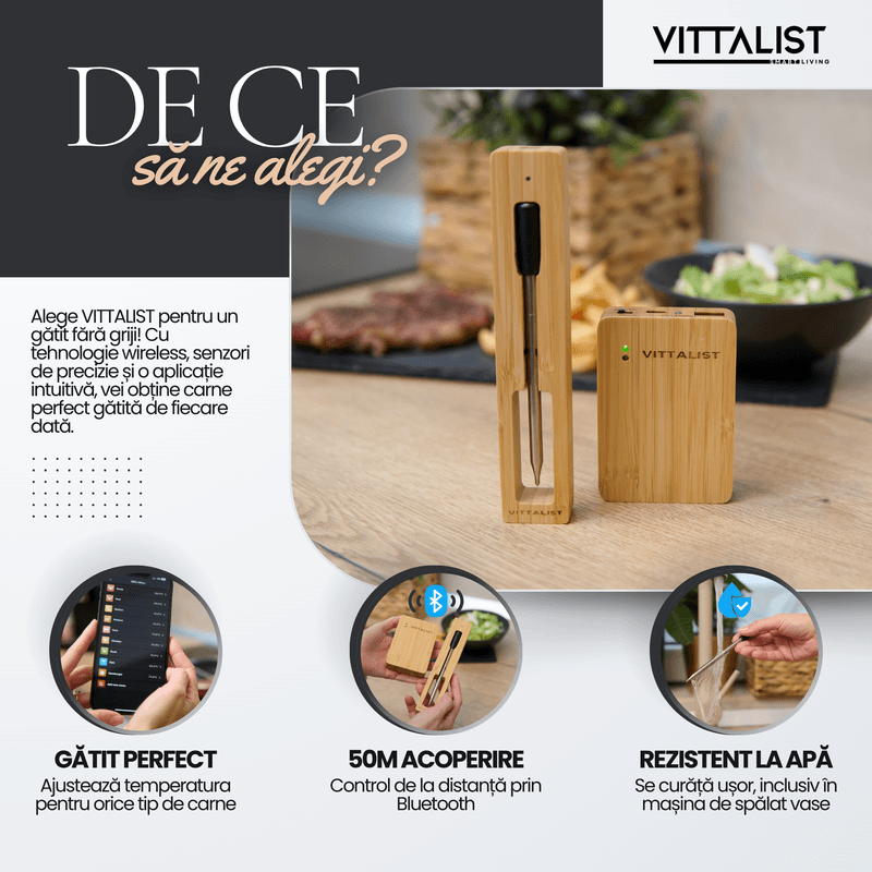 Casa si Gradina - Bucatarie si vesela - Ustensile bucatarie - Termometre bucatarie - Termometru Inteligent Carne, Wireless Bluetooth, Cu Aplicatie Telefon, Baterie si Geanta, Pentru Cuptor, Grill, Tigaie - Infinity.ro