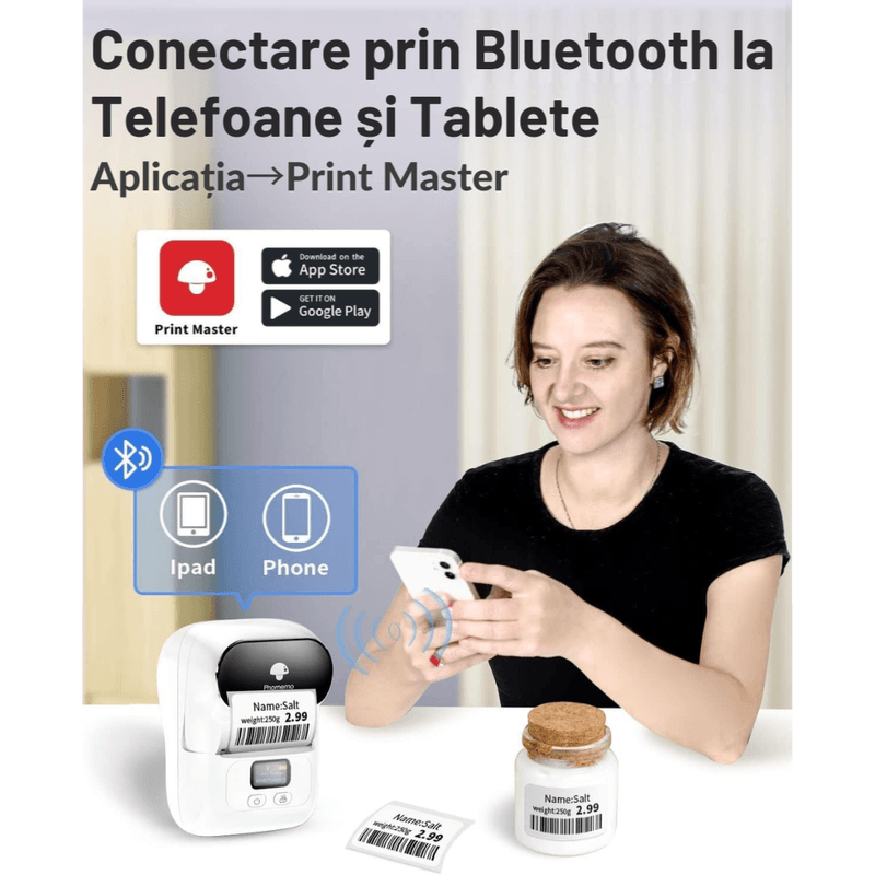 PC, gaming si accesorii - Imprimante, scanere & consumabile - Imprimante - Imprimante termice - Imprimanta Etichete Termica Portabila, Compatibila iOS/Android/Windows, Aplicatie Telefon, Rola 40x30 Inclusa, Alb - Infinity.ro