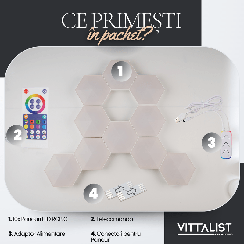 Casa si Gradina - Corpuri si surse de iluminat - Benzi LED - Kit Panouri LED RGBIC Smart, 10 Bucati, WiFi & Bluetooth, Music Sync, Compatibil Alexa, Google, Tuya, iOS, Android - Infinity.ro