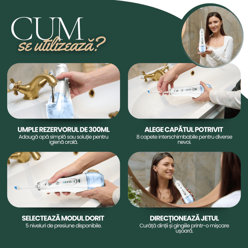 Ingrijire personala si Cosmetice - Igiena dentara - Irigatoare bucale - Irigator Oral Profesional Portabil, 5 Trepte Intensitate, 8 Duze, IPX7, Rezervor 300ml, 1200 Pulsatii/Min, Alb - Infinity.ro