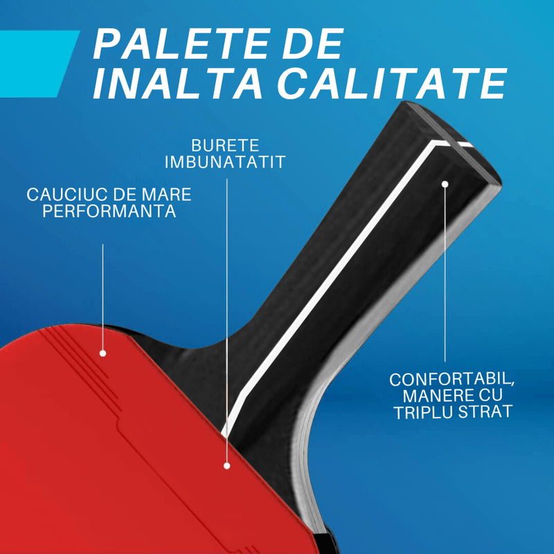 Sport si Outdoor - Sporturi cu paleta - Tenis de masa - Palete si mingi tenis de masa - Set Ping Pong 4 Palete Tenis de Masa, 8 Mingi, Fileu Retractabil, Geanta Transport Inclusa, Interior/Exterior, Albastru - Infinity.ro
