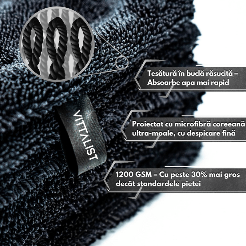 Auto si Moto - Intretinere auto - Produse curatare auto - Set 2 Prosop Uscare Auto Microfibra Premium VITTALIST, Ultra Absorbant, 1200GSM, 90x60 cm, Fara Urme, Ideal Detailing - Infinity.ro