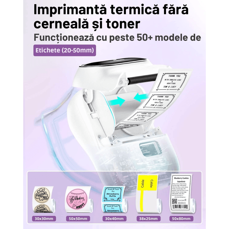PC, gaming si accesorii - Imprimante, scanere & consumabile - Imprimante - Imprimante termice - Imprimanta Etichete Termica Portabila, Compatibila iOS/Android/Windows, Aplicatie Telefon, Rola 40x30 Inclusa, Alb - Infinity.ro