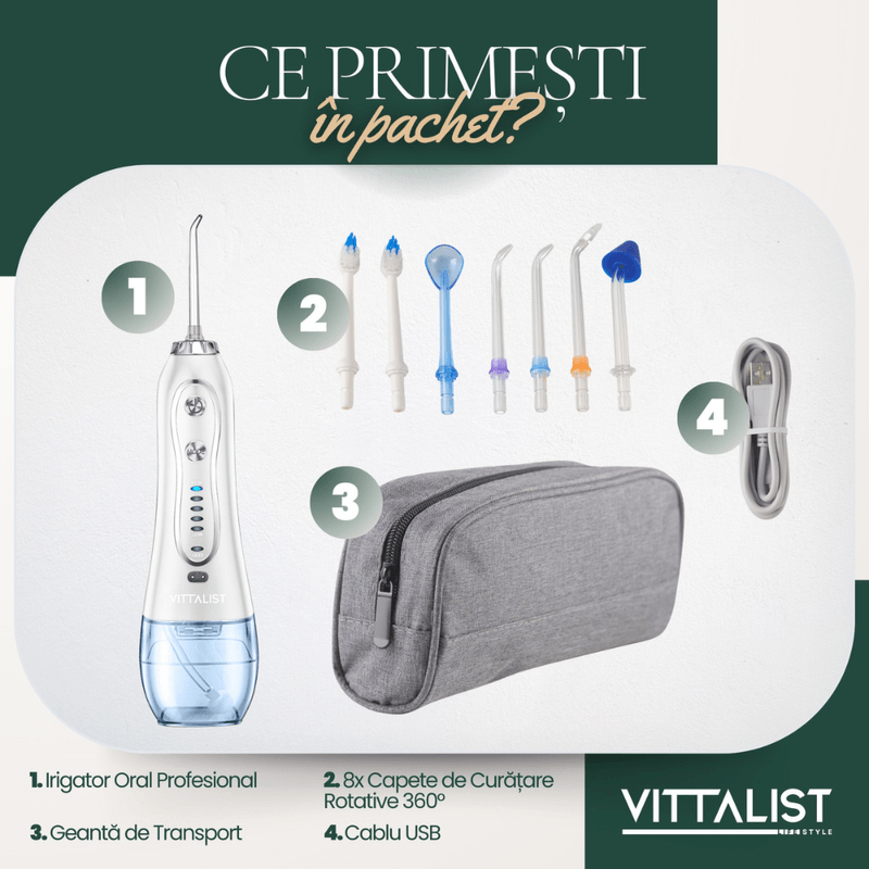 Ingrijire personala si Cosmetice - Igiena dentara - Irigatoare bucale - Irigator Oral Profesional Portabil, 5 Trepte Intensitate, 8 Duze, IPX7, Rezervor 300ml, 1200 Pulsatii/Min, Alb - Infinity.ro