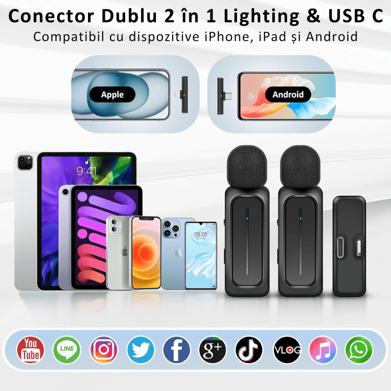 PC, gaming si accesorii - Periferice PC - Microfoane PC - Set 2 Microfoane Lavaliera Profesionale, Inregistrare Video, Vlogging, Interviuri, 3 Moduri de Reducere a Zgomotului - Infinity.ro