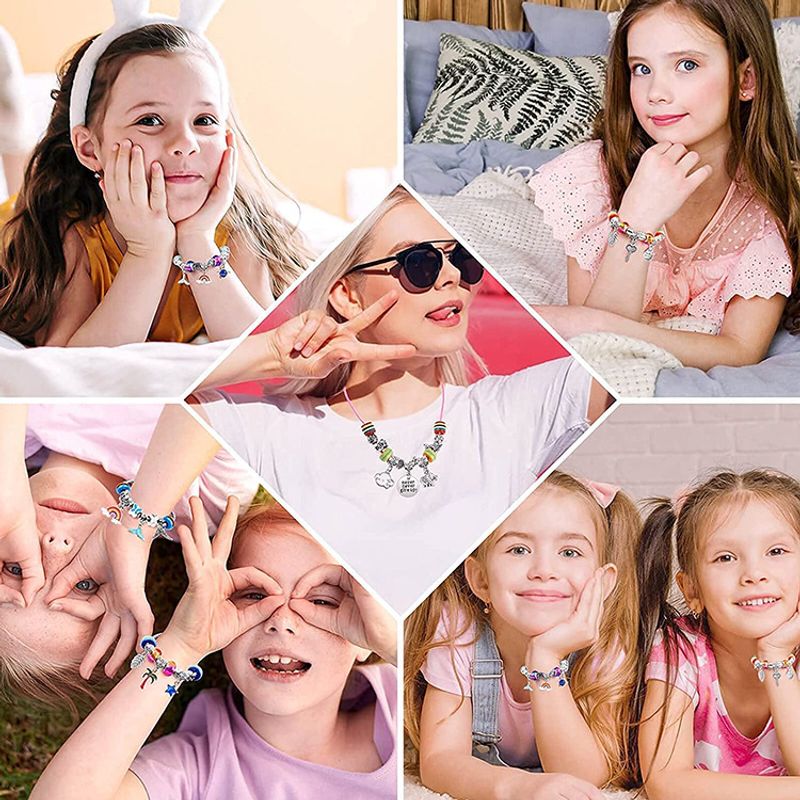 Jucarii, Copii si Bebe - Jucarii si jocuri - Jucarii de rol - Frumusete, bijuterii si accesorii fetite - Kit Bratari Charm Tip Pandora Set DIY 60 Piese cu Talismane, Margele, Lanturi Reglabile,Accesorii Bijuterii Handmade,Roz - Infinity.ro