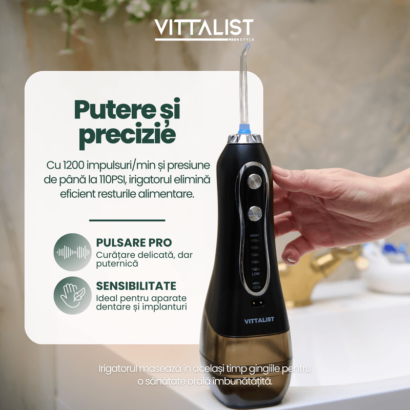 Ingrijire personala si Cosmetice - Igiena dentara - Irigatoare bucale - Irigator Oral Profesional Portabil, 5 Trepte Intensitate, 8 Duze, IPX7, Rezervor 300ml, 1200 Pulsatii/Min, Negru - Infinity.ro