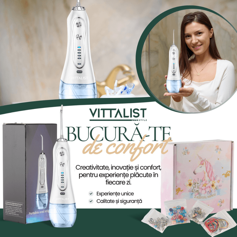 Ingrijire personala si Cosmetice - Igiena dentara - Irigatoare bucale - Irigator Oral Profesional Portabil, 5 Trepte Intensitate, 8 Duze, IPX7, Rezervor 300ml, 1200 Pulsatii/Min, Alb - Infinity.ro