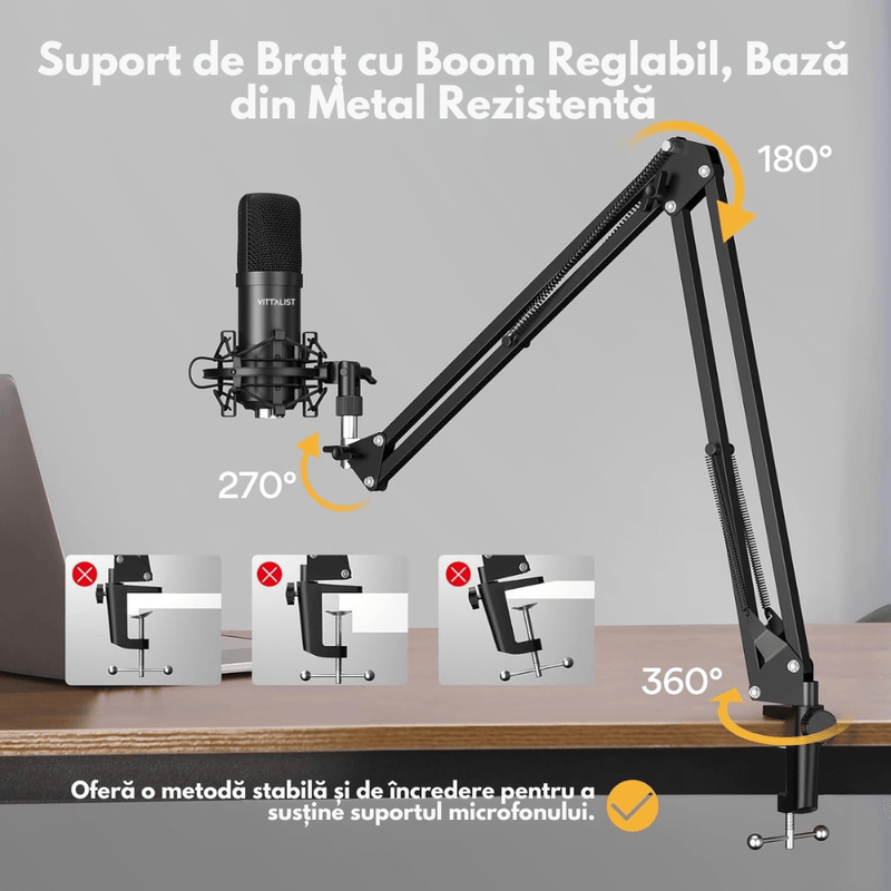 PC, gaming si accesorii - Periferice PC - Microfoane PC - Microfon Condenser Profesional VITTALIST BM800, Cu Stand, Pentru Studio, Podcast, Gaming, Streaming, Voice-over, Negru - Infinity.ro