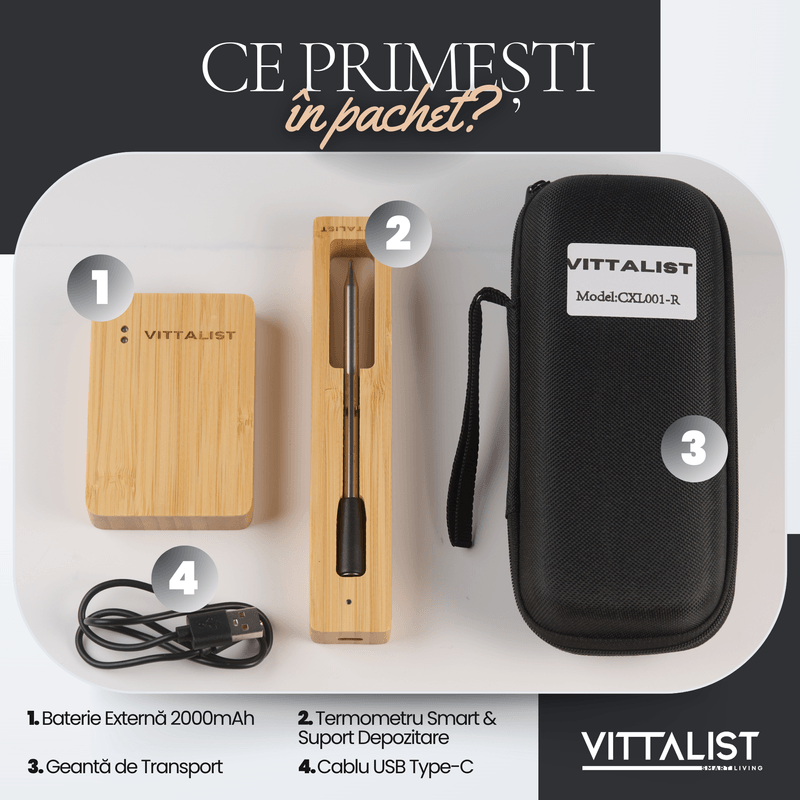 Casa si Gradina - Bucatarie si vesela - Ustensile bucatarie - Termometre bucatarie - Termometru Inteligent Carne, Wireless Bluetooth, Cu Aplicatie Telefon, Baterie si Geanta, Pentru Cuptor, Grill, Tigaie - Infinity.ro