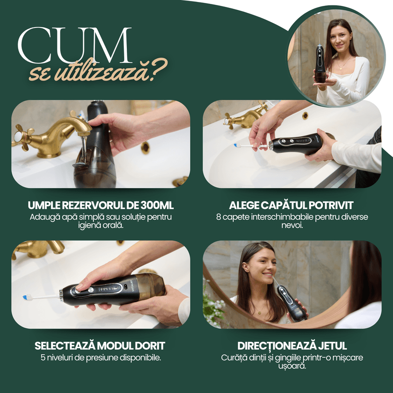 Ingrijire personala si Cosmetice - Igiena dentara - Irigatoare bucale - Irigator Oral Profesional Portabil, 5 Trepte Intensitate, 8 Duze, IPX7, Rezervor 300ml, 1200 Pulsatii/Min, Negru - Infinity.ro