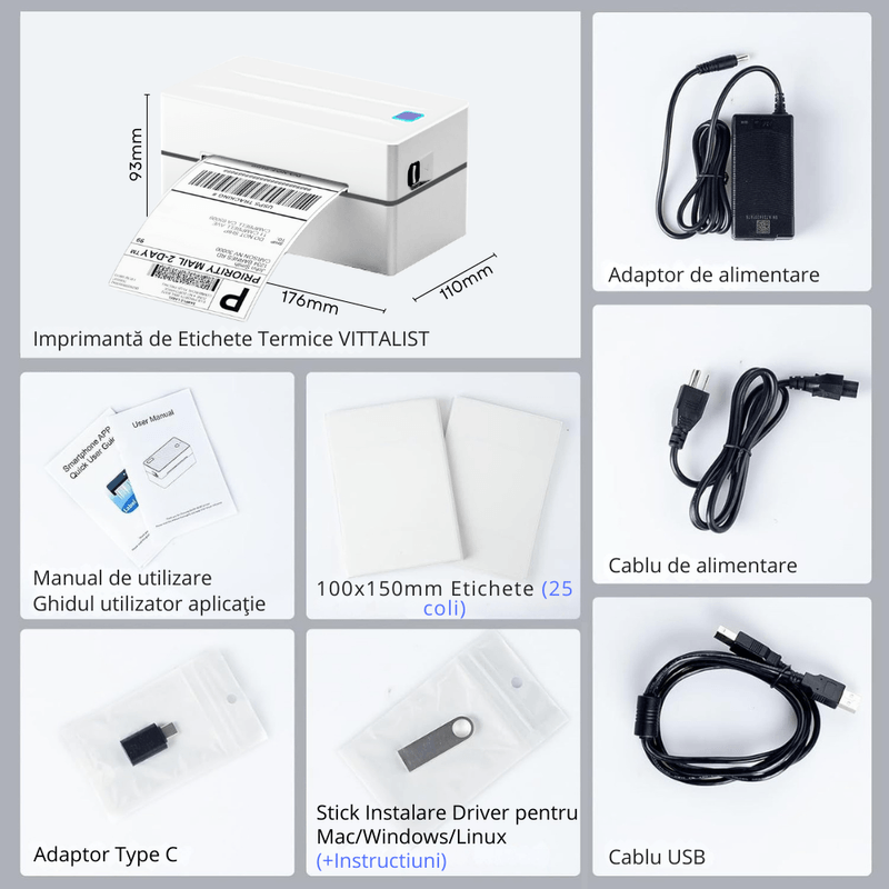 PC, gaming si accesorii - Imprimante, scanere & consumabile - Imprimante - Imprimante termice - Imprimanta termica VITTALIST pentru etichete si AWB-uri, Portabila, Compatibila cu iOS / Android / Windows / MacOS, Alb - Infinity.ro