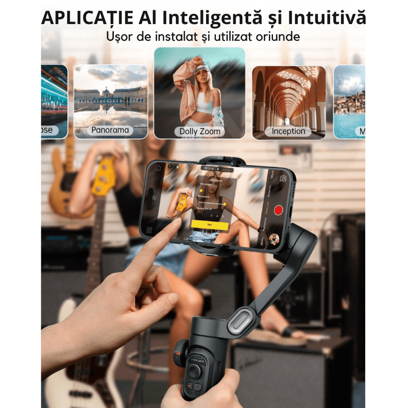 TV, Audio-Video si Foto - Aparate foto si accesorii - Accesorii foto si video - Stabilizatoare de imagine - Stabilizator Gimbal Telefon 3 Axe, Bluetooth, AI Tracking, iOS/Android + Husa rigida de transport, Negru Texturat - Infinity.ro