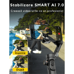 TV, Audio-Video si Foto - Aparate foto si accesorii - Accesorii foto si video - Stabilizatoare de imagine - Stabilizator Gimbal Telefon 3 Axe, Bluetooth, AI Tracking, 10h, iOS/Android + Brat extensibil 72 cm, Negru Metalizat - Infinity.ro