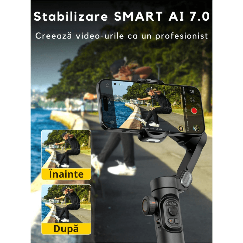 TV, Audio-Video si Foto - Aparate foto si accesorii - Accesorii foto si video - Stabilizatoare de imagine - Stabilizator Gimbal Telefon 3 Axe, Bluetooth, AI Tracking, 10h, iOS/Android + Brat extensibil 72 cm, Negru Metalizat - Infinity.ro