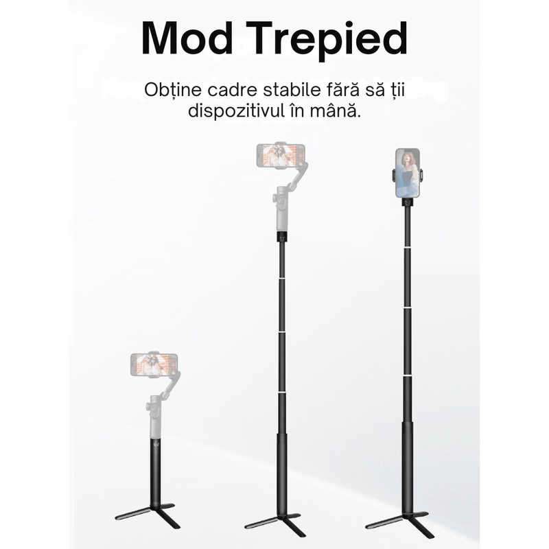 TV, Audio-Video si Foto - Aparate foto si accesorii - Accesorii foto si video - Stabilizatoare de imagine - Stabilizator Gimbal Telefon 3 Axe, Bluetooth, AI Tracking, 10h, iOS/Android + Brat extensibil 72 cm, Negru Metalizat - Infinity.ro