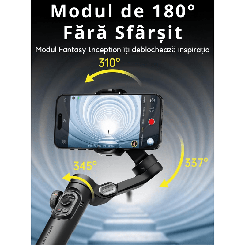 TV, Audio-Video si Foto - Aparate foto si accesorii - Accesorii foto si video - Stabilizatoare de imagine - Stabilizator Gimbal Telefon 3 Axe, Bluetooth, AI Tracking, 10h, iOS/Android + Brat extensibil 72 cm, Negru Metalizat - Infinity.ro