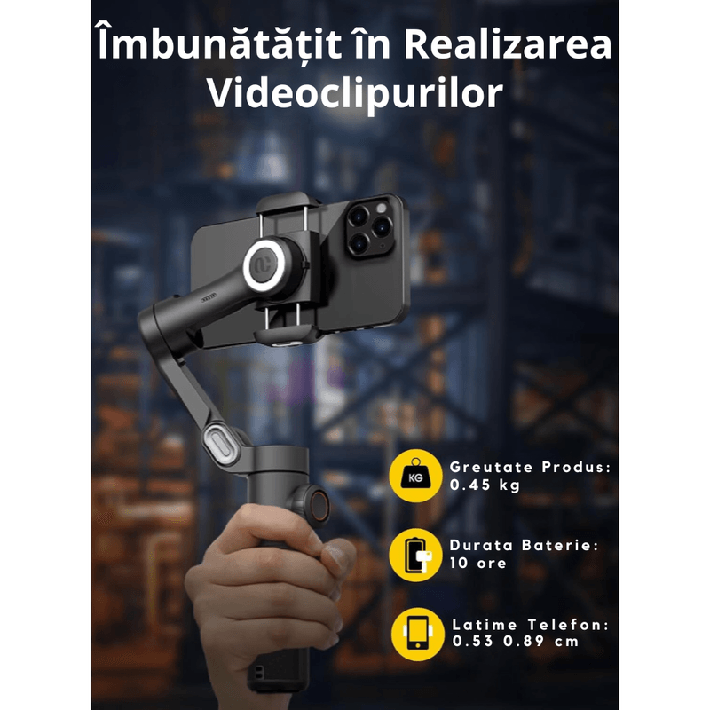 TV, Audio-Video si Foto - Aparate foto si accesorii - Accesorii foto si video - Stabilizatoare de imagine - Stabilizator Gimbal Telefon 3 Axe, Bluetooth, AI Tracking, 10h, iOS/Android + Brat extensibil 72 cm, Negru Metalizat - Infinity.ro