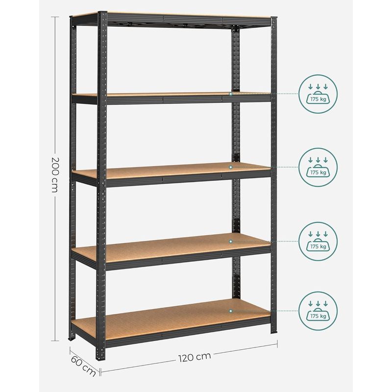Casa si Gradina - Mobilier - Biblioteci si rafturi - Rafturi - Raft de depozitare metalic, cu rafturi din PAL, 5 polite, max. 875 kg, 200x120x60cm, negru - Infinity.ro