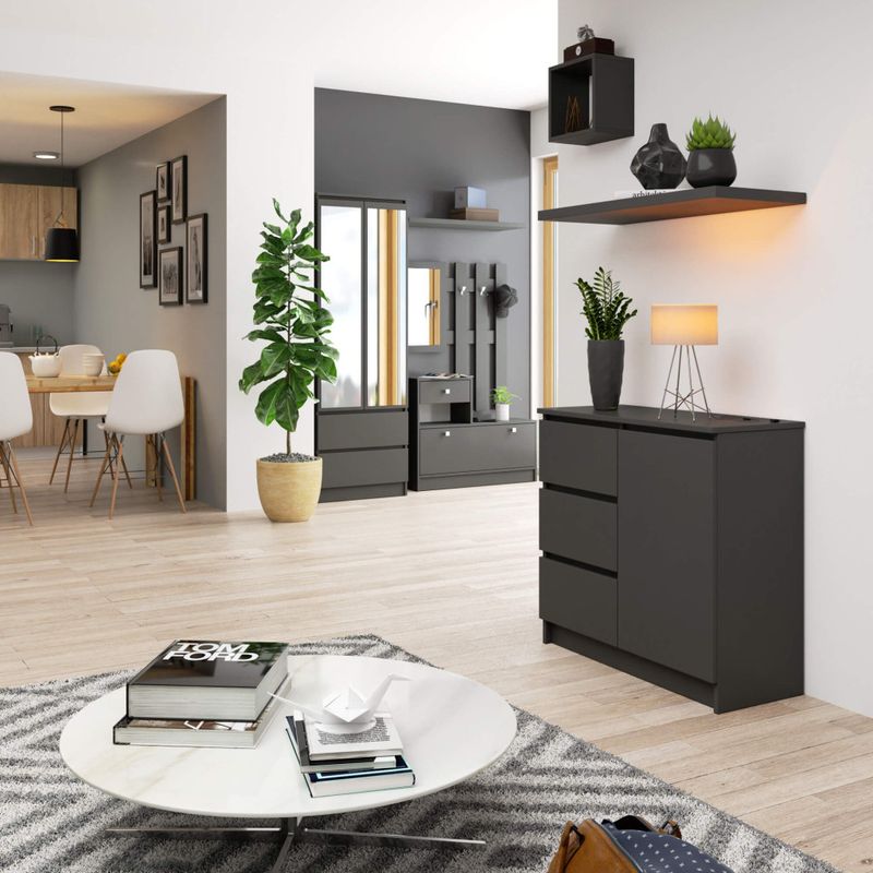 Casa si Gradina - Mobilier - Comode si corpuri - Comode - Comoda JERRY cu 3 sertare si dulap cu rafturi, PAL laminat, 80x35x77 cm, gri grafit - Infinity.ro